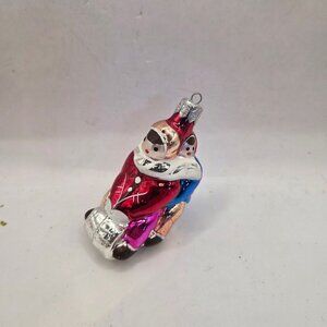 Vintage Glass Christmas Ornament Sled Two Children Hand Painted Red Blue polland